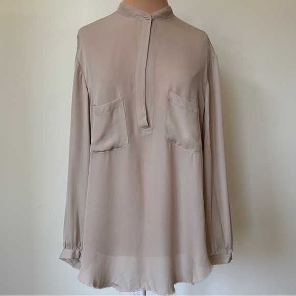 Raquel Allegra Cool Beige Raw Hem Breast Pockets Silk Long Sleeve Blouse Size 2 - Picture 1 of 11
